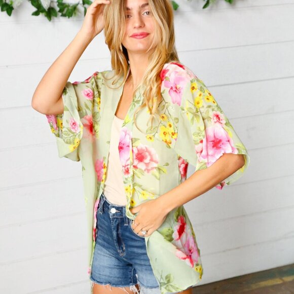 New Sage Floral Print Chiffon Cover Up Kimono  Size Large & 2X - Picture 2 of 8